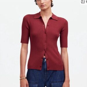 Madewell The Signature Ribbed Knit Sweater Polo Tee in Cranberry